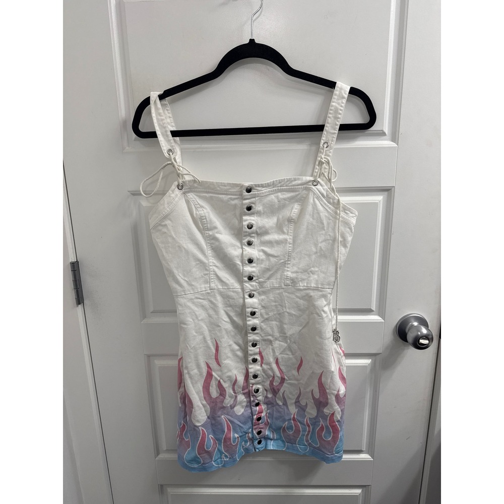 Dolls Kill x Bratz White Denim Flame Print Mini Dress Pink Blue Ombre Y2K Medium